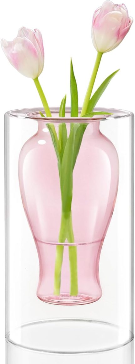 Pink Glass Flower Vase for Decor, Modern Hand Blown Hollowed Out Decorative Clear Glass Vases for Home Décor or Wedding Centerpieces