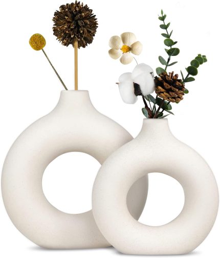 White Ceramic Vase Set 2 for Modern Home Decor, Hollow Round Matte Pampas Flower Vases - Nordic Minimalism Boho Style Decor for Wedding Dinner Table Party Living Room Office Bedroom