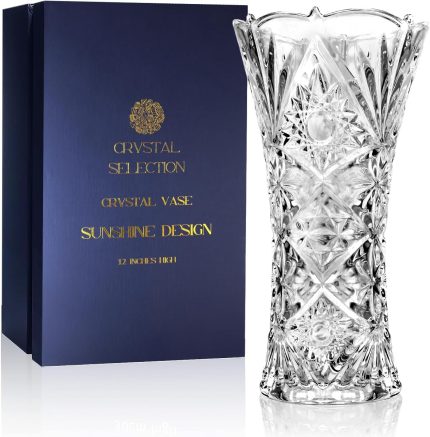 CS Crystal Vase 12-inch high, Sunshine Design, for Flowers & Decor. Lovely Nice Shiny Piece. Perfect as a Gift, Suitable for All Occasions.