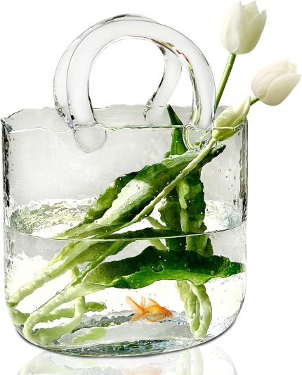 Purse Vase for Flowers Clear Glass Bag Vase Unique Flower Vase Decorative Fish Bowl Handbag Cute Vase Bubble Wide Mouth Vase for centerpieces Home Wedding Decor